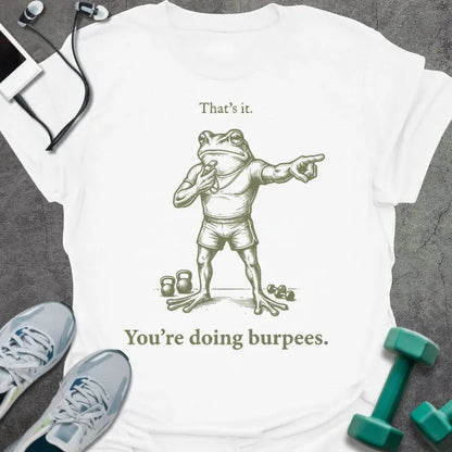 White t-shirt printed with "That's it. You're doing burpees." in tan, with an illustration of a frog character in sportswear pointing