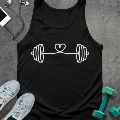 Black tank top with barbell and heart made from string in white