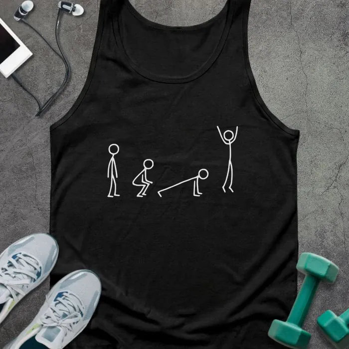 Black tank top with stick figures showing a burpee movement in white