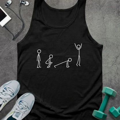 Black tank top with stick figures showing a burpee movement in white