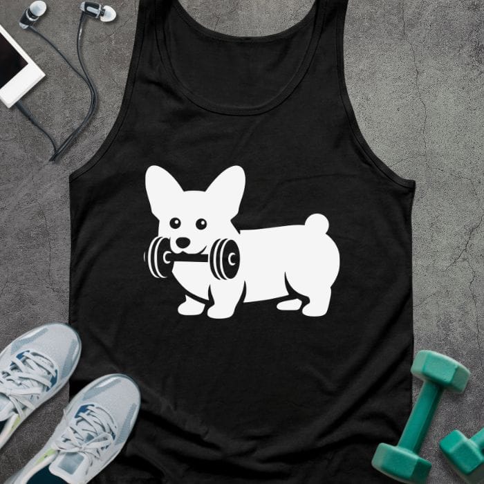 Black tank top with a white corgi holding a dumbbell in white