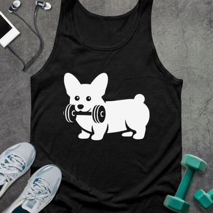 Black tank top with a white corgi holding a dumbbell in white