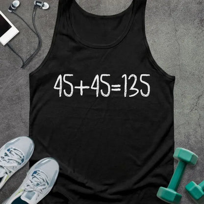 Black tank top printed with "45+45 135"