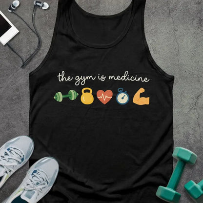Black tank top printed with "the gym is medicine" in white, green, yellow, orange, and blue, with kettlebell, kettlebell, weight, heart, heartbeat, and bicep icons