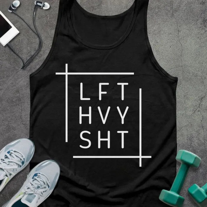 Black tank top printed with "Lft Hvy Sht" in white