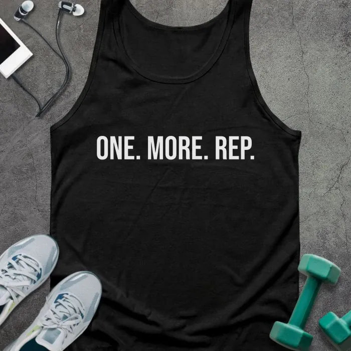 Black tank top printed with "One. More. Rep." in white