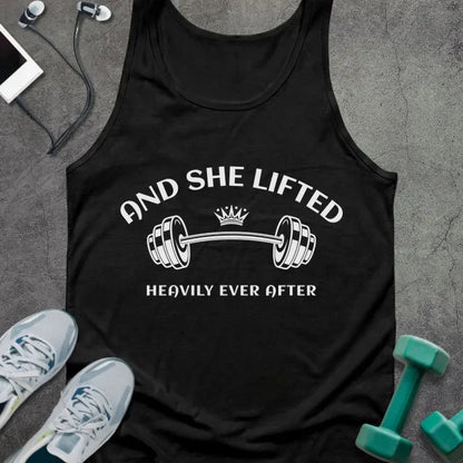 Black tank top printed with "And She Lifted Heavily Ever After" in white, with barbell and crown
