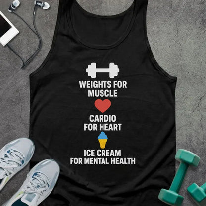 Black tank top printed with "Weights for Muscle Cardio for Heart Ice Cream for Mental Health" in white and red, with dumbbell, heart, and ice cream cone icons