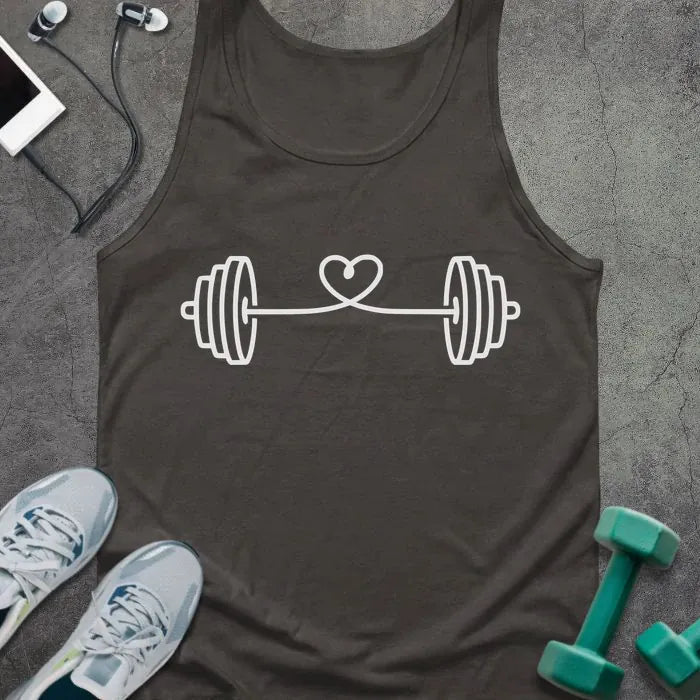 Dark grey tank top with barbell and heart made from string in white