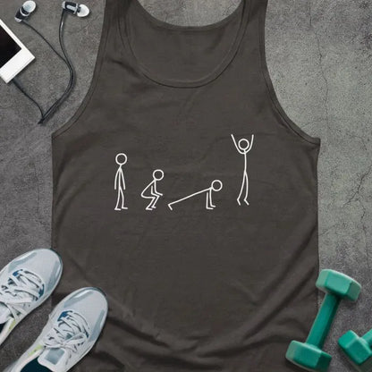 Dark grey tank top with stick figures showing a burpee movement in white