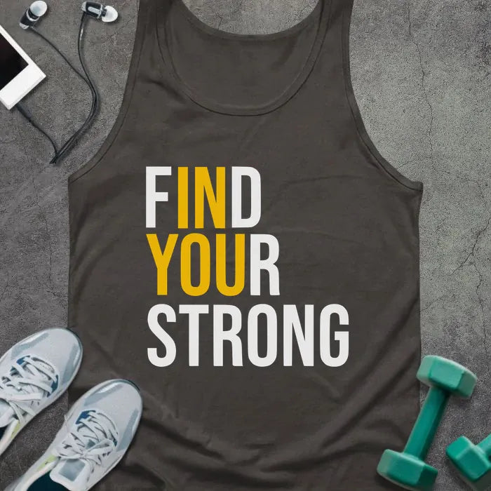 Dark grey tank top printed with "Find Your Strong" in white and yellow
