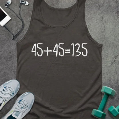 Dark grey tank top printed with "45+45 135"