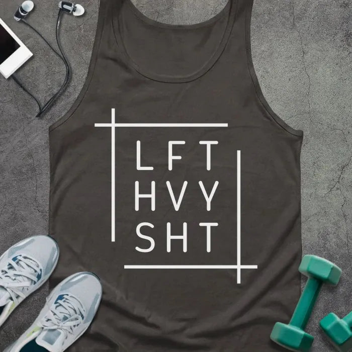 Dark grey tank top printed with "Lft Hvy Sht" in white