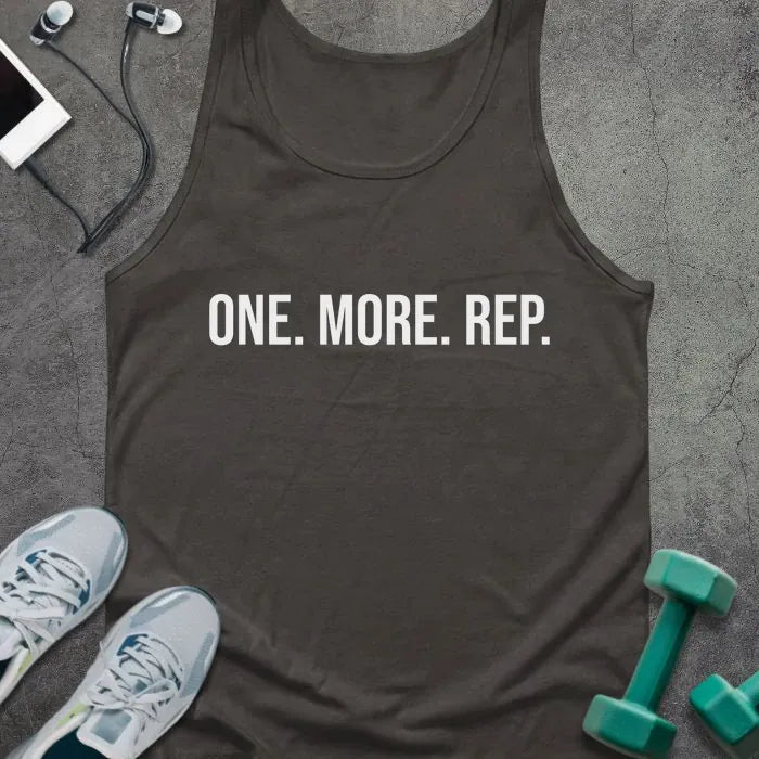Dark grey tank top printed with "One. More. Rep." in white