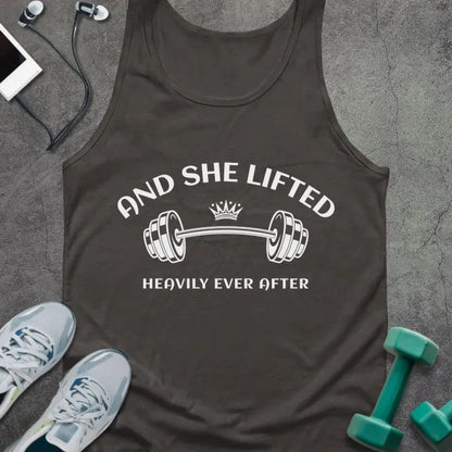 Dark grey tank top printed with "And She Lifted Heavily Ever After" in white, with barbell and crown