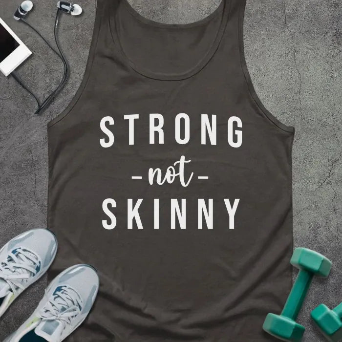 Dark grey tank top printed with "STRONG -not- SKINNY" in white