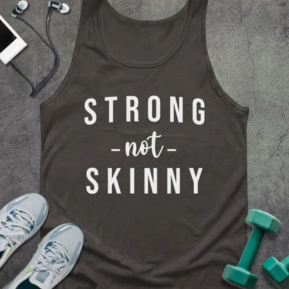 Dark grey tank top printed with "STRONG -not- SKINNY" in white