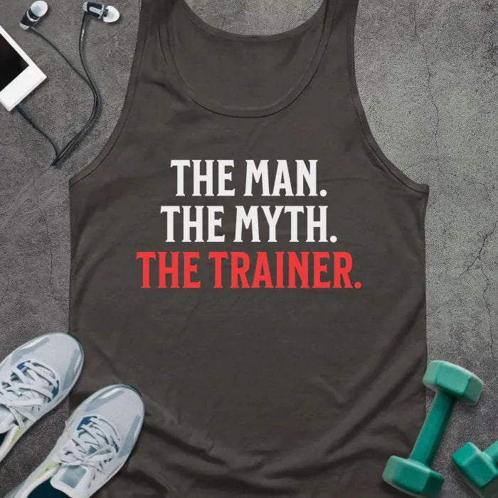 Dark grey tank top printed with "The Man. the Myth. the Trainer." in white and red