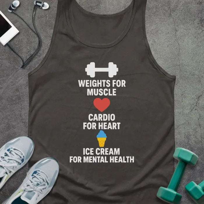 Dark grey tank top printed with "Weights for Muscle Cardio for Heart Ice Cream for Mental Health" in white and red, with dumbbell, heart, and ice cream cone icons