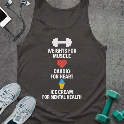 Dark grey tank top printed with "Weights for Muscle Cardio for Heart Ice Cream for Mental Health" in white and red, with dumbbell, heart, and ice cream cone icons