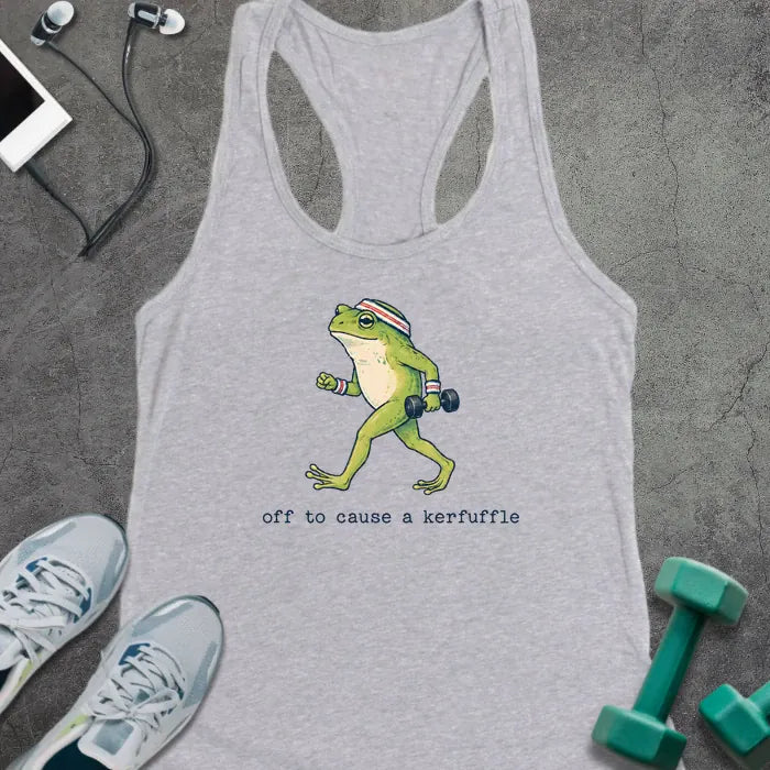 Heather Grey tank top with green cartoon frog with headband holding a dumbbell