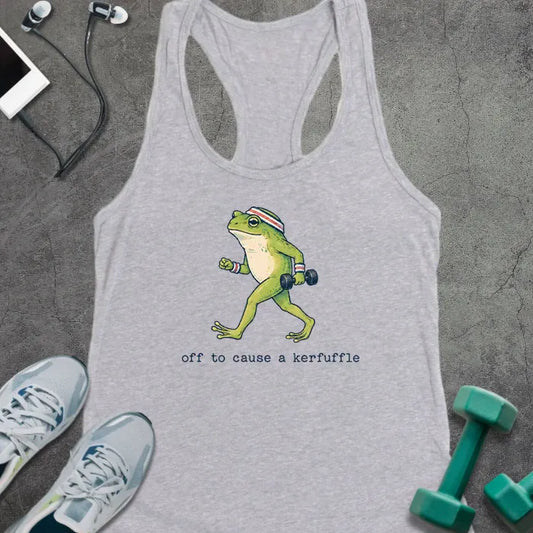 Heather Grey tank top with green cartoon frog with headband holding a dumbbell