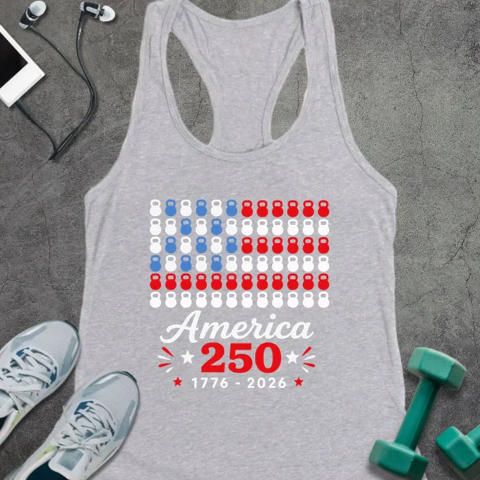 Heather grey tank top with kettlebell and American flag pattern in red, white, and blue