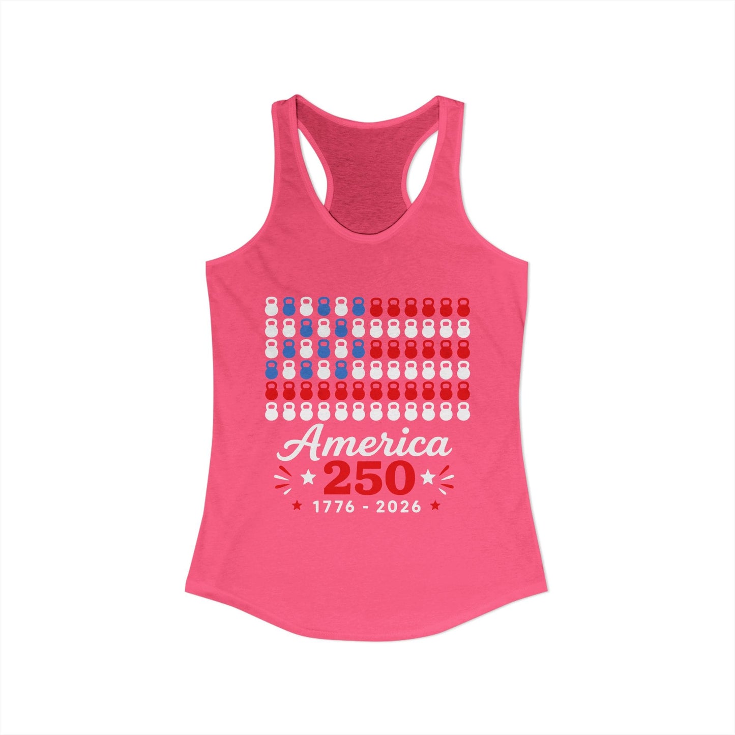 Tank top with kettlebell and American flag pattern in red, white, and blue