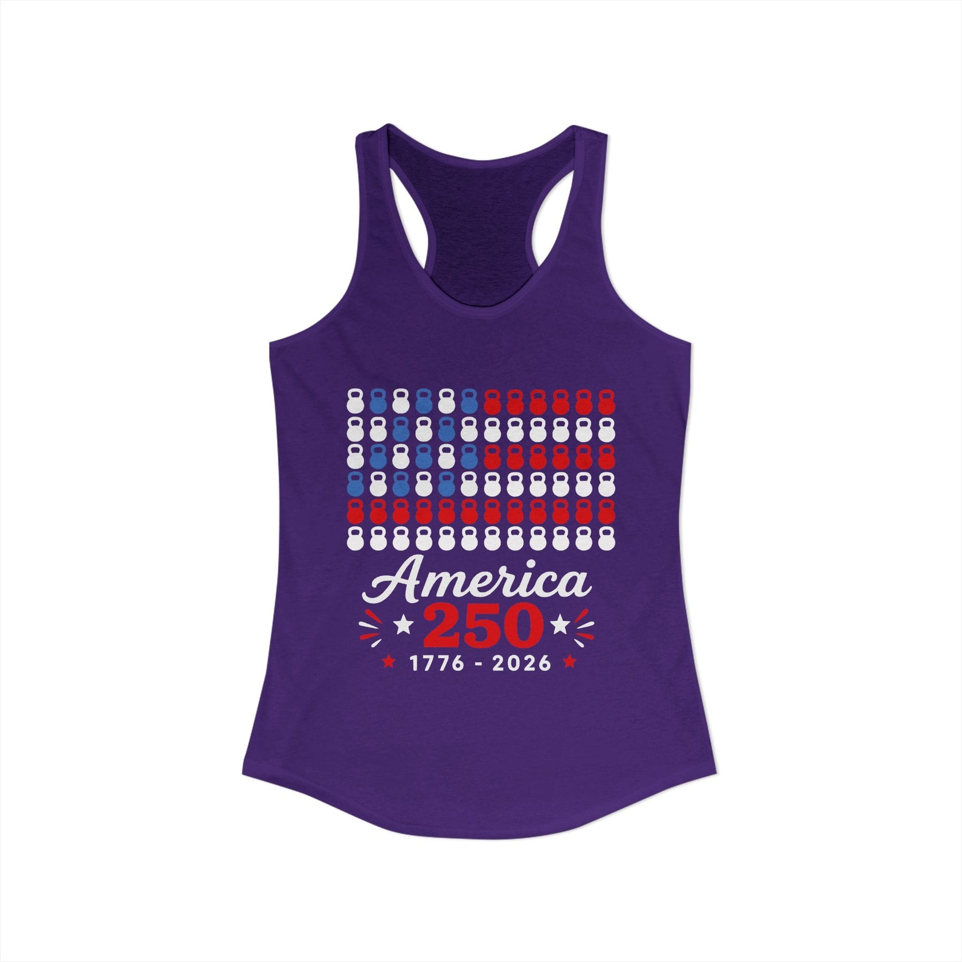 Tank top with kettlebell and American flag pattern in red, white, and blue