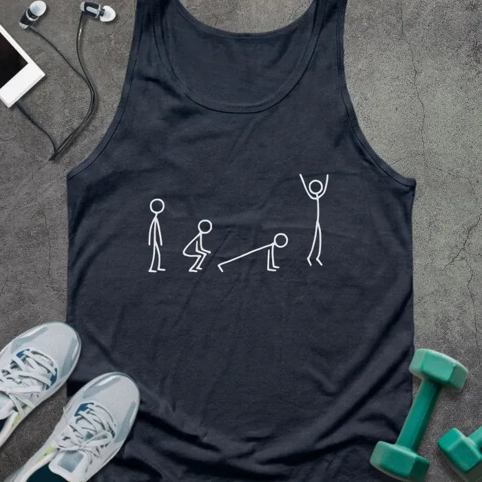 Navy tank top with stick figures showing a burpee movement in white