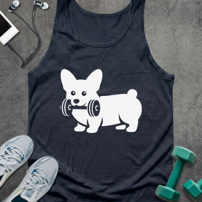 Navy tank top with a white corgi holding a dumbbell in white