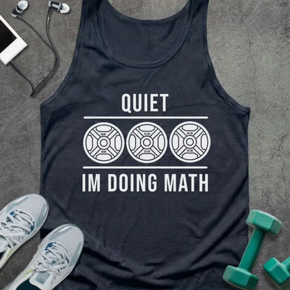 Navy tank top printed with "Quiet Im Doing Math" in white, with three dumbbell icons