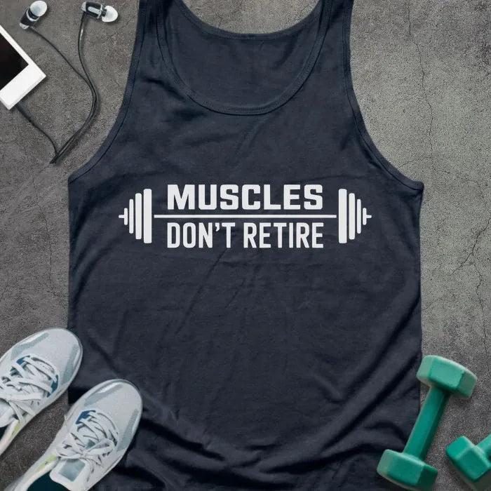 Navy tank top printed with "Muscles Don't Retire" in white, with barbell