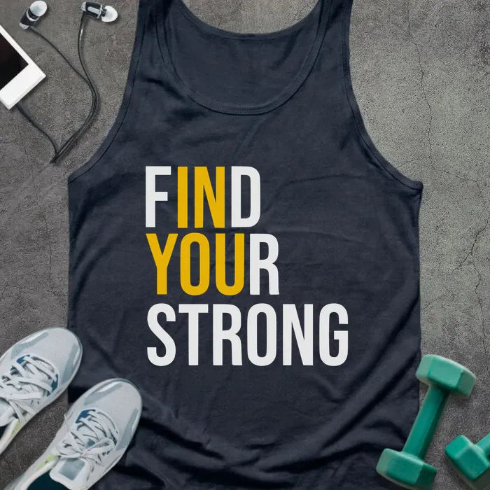 Navy tank top printed with "Find Your Strong" in white and yellow