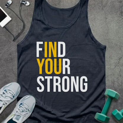 Navy tank top printed with "Find Your Strong" in white and yellow