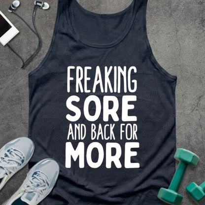 Navy tank top printed with "Freaking Sore and Back for More" in white