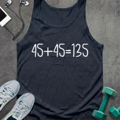 Navy tank top printed with "45+45 135"