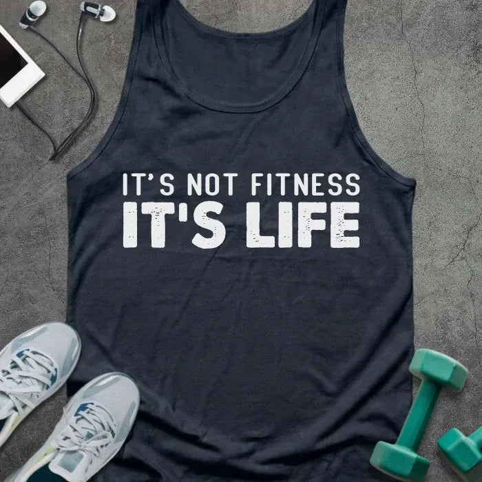 Navy tank top printed with "It's Not Fitness It's Life" in white