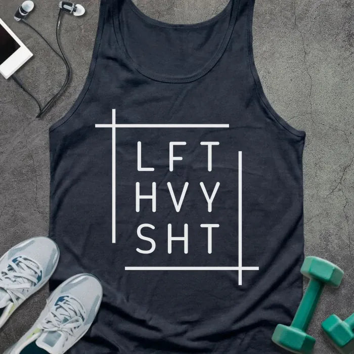Navy tank top printed with "Lft Hvy Sht" in white