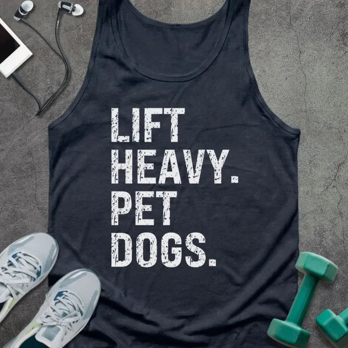 Navy tank top printed with "Lift Heavy. Pet Dogs." in white