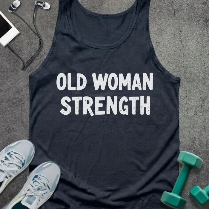 Navy tank top printed with "Old Woman Strength" in white