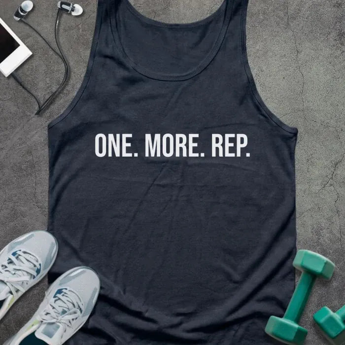 Navy tank top printed with "One. More. Rep." in white