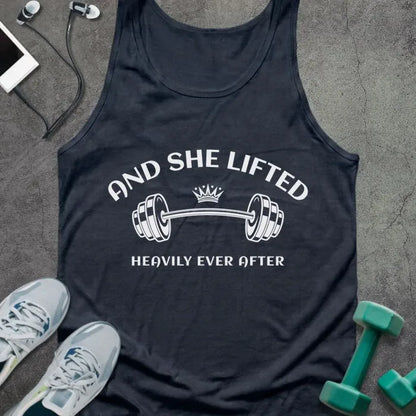 Navy tank top printed with "And She Lifted Heavily Ever After" in white, with barbell and crown