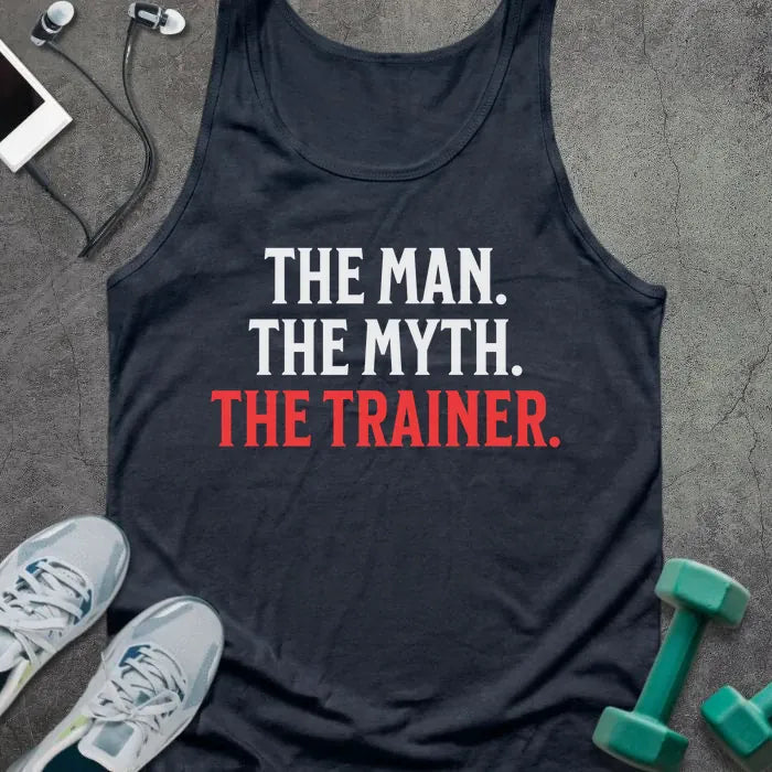 Navy tank top printed with "The Man. the Myth. the Trainer." in white and red