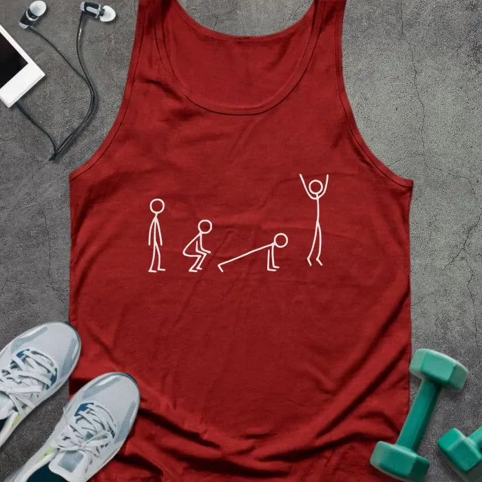 Red tank top with stick figures showing a burpee movement in white