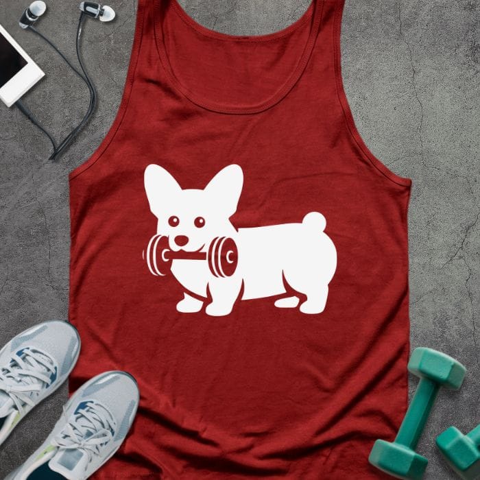 Red tank top with a white corgi holding a dumbbell in white