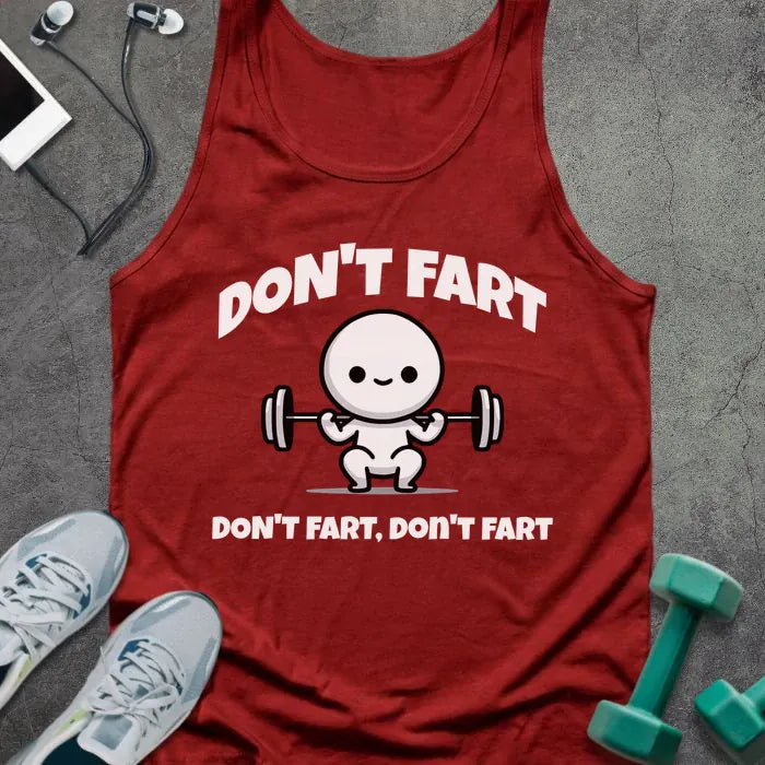 Red tank top printed with "Don't Fart Don't Fart, Don't Fart" in white, with cute character holding dumbbells