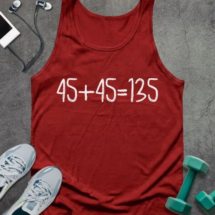 Red tank top printed with "45+45 135"