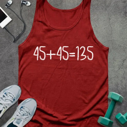 Red tank top printed with "45+45 135"
