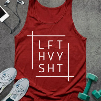 Red tank top printed with "Lft Hvy Sht" in white